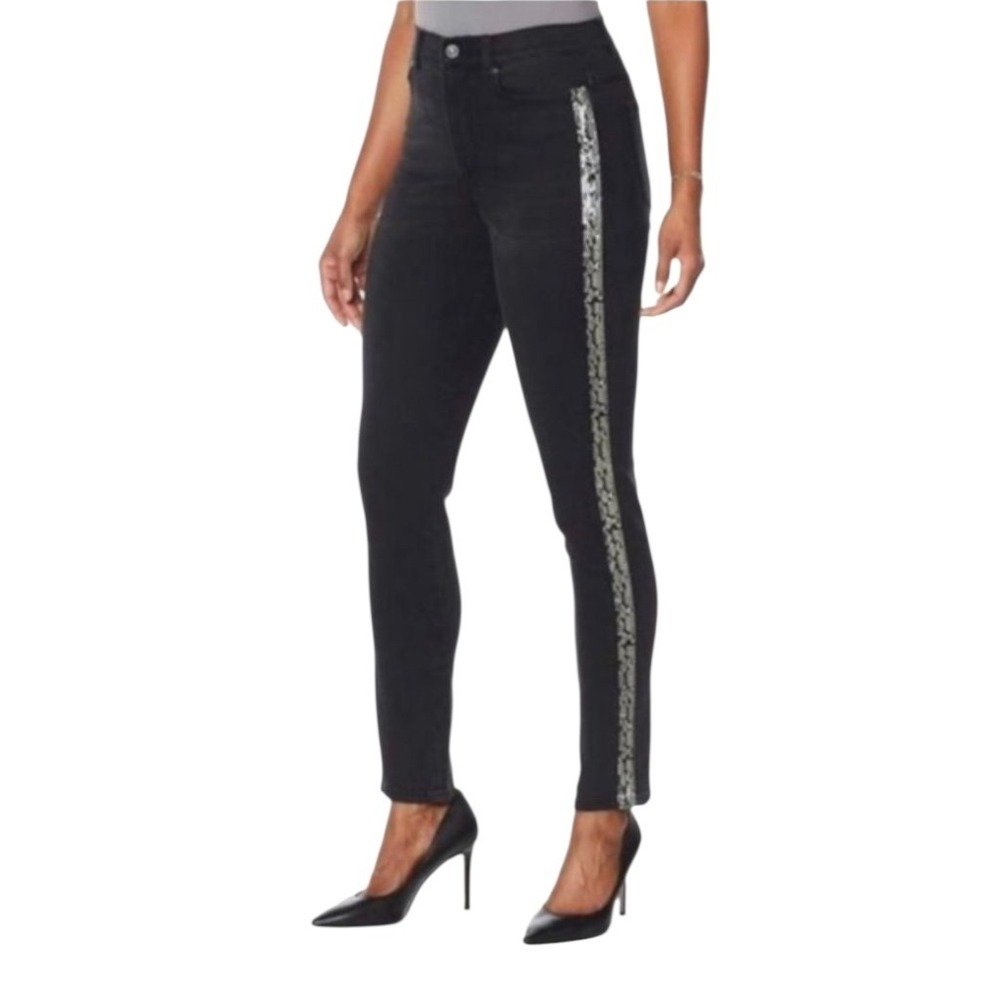 RALPH LAUREN Black Sequin Side Panel‎ Stretch Straight Jeans Size 8